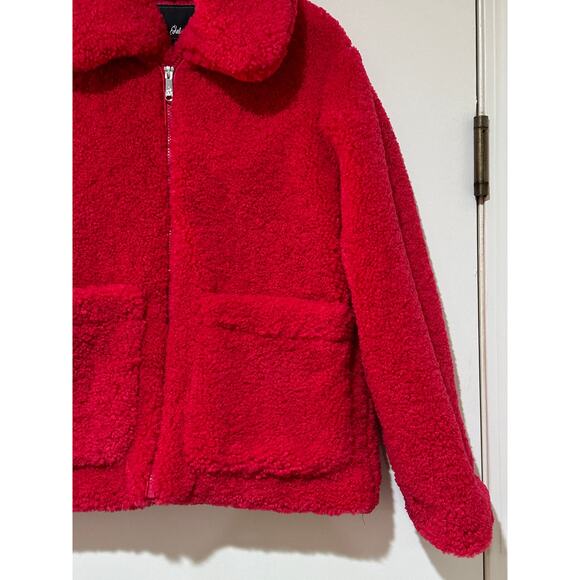 Sam Edelman Short Front Zip Teddy Coat Patch Pockets Hot Pink Faux Fur Small NWT - Picture 6 of 15